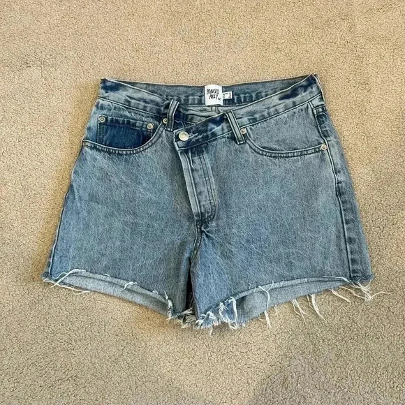 Princess Polly Xena Denim Shorts Blue Asymmetrical Cut Off Cotton Size 8 - Picture 2 of 5